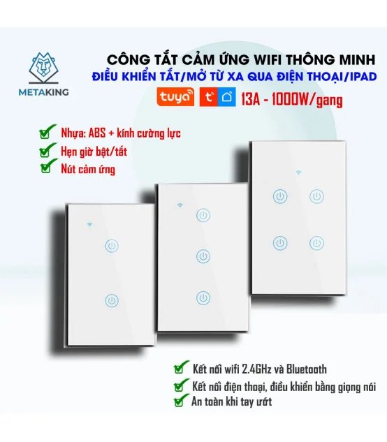 Công Tắc Cảm Ứng Wifi Tuya Smart life 2 Nút -2000W | ⓿❾❼❼❹❼❽❹❻❻ | METAKING