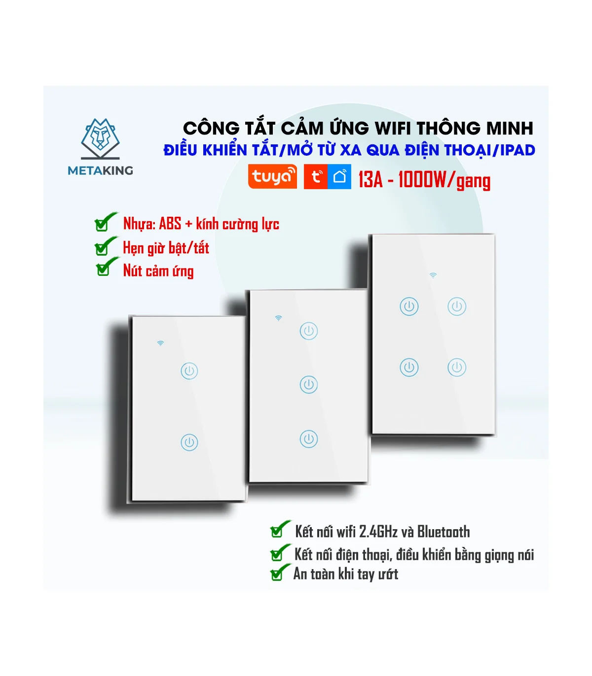 Công Tắc Cảm Ứng Wifi Tuya Smart life 2 Nút -2000W | ⓿❾❼❼❹❼❽❹❻❻ | METAKING