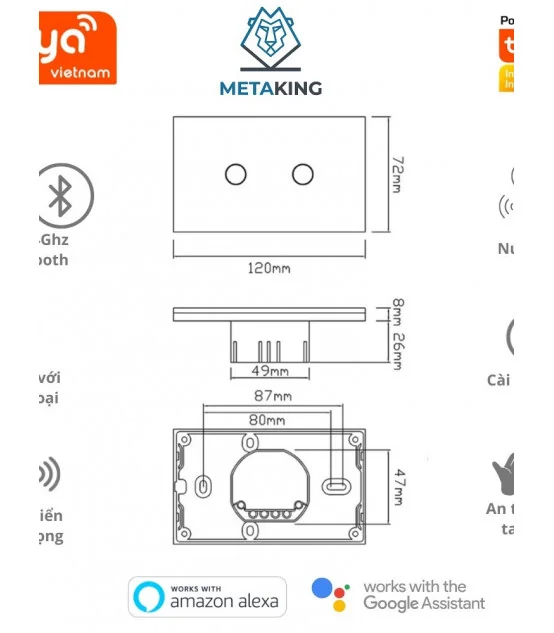 Công Tắc Cảm Ứng Wifi Tuya Smart life 3 Nút -3000W | ⓿❾❼❼❹❼❽❹❻❻ | METAKING