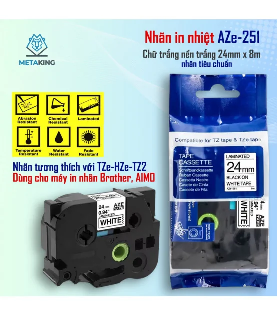 Nhãn In AZe-251 [24mm X 8m, Chữ đen trên nền trắng] | ⓿❾❼❼❹❼❽❹❻❻ | METAKING