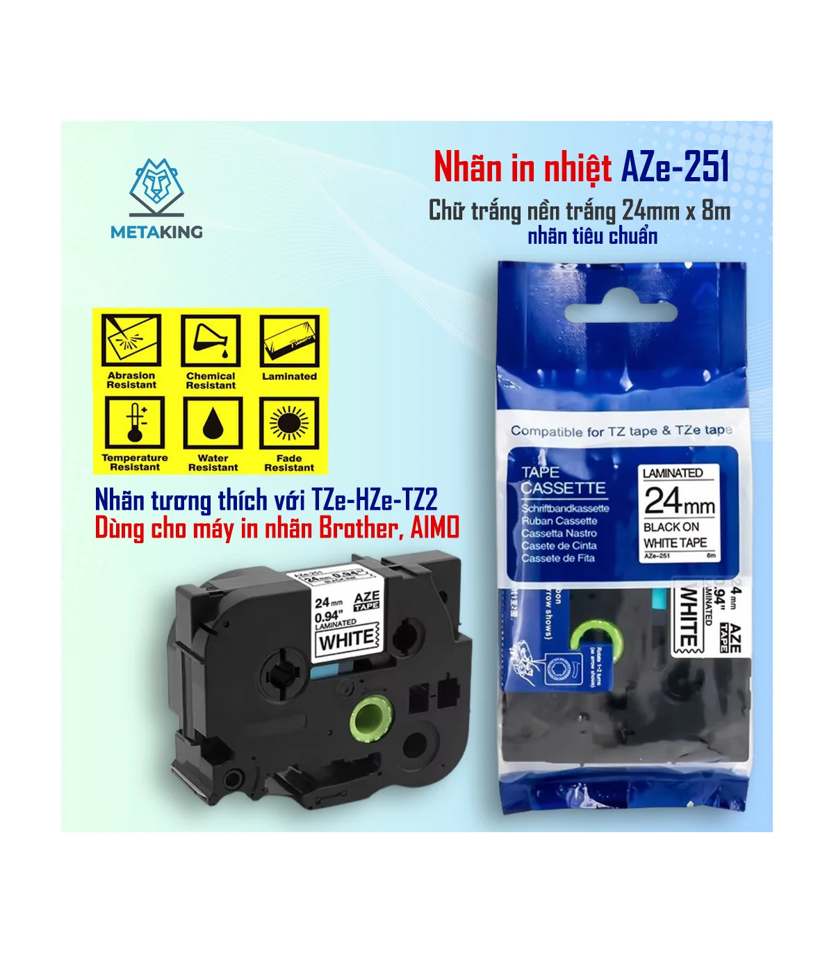 Nhãn In AZe-251 [24mm X 8m, Chữ đen trên nền trắng] | ⓿❾❼❼❹❼❽❹❻❻ | METAKING