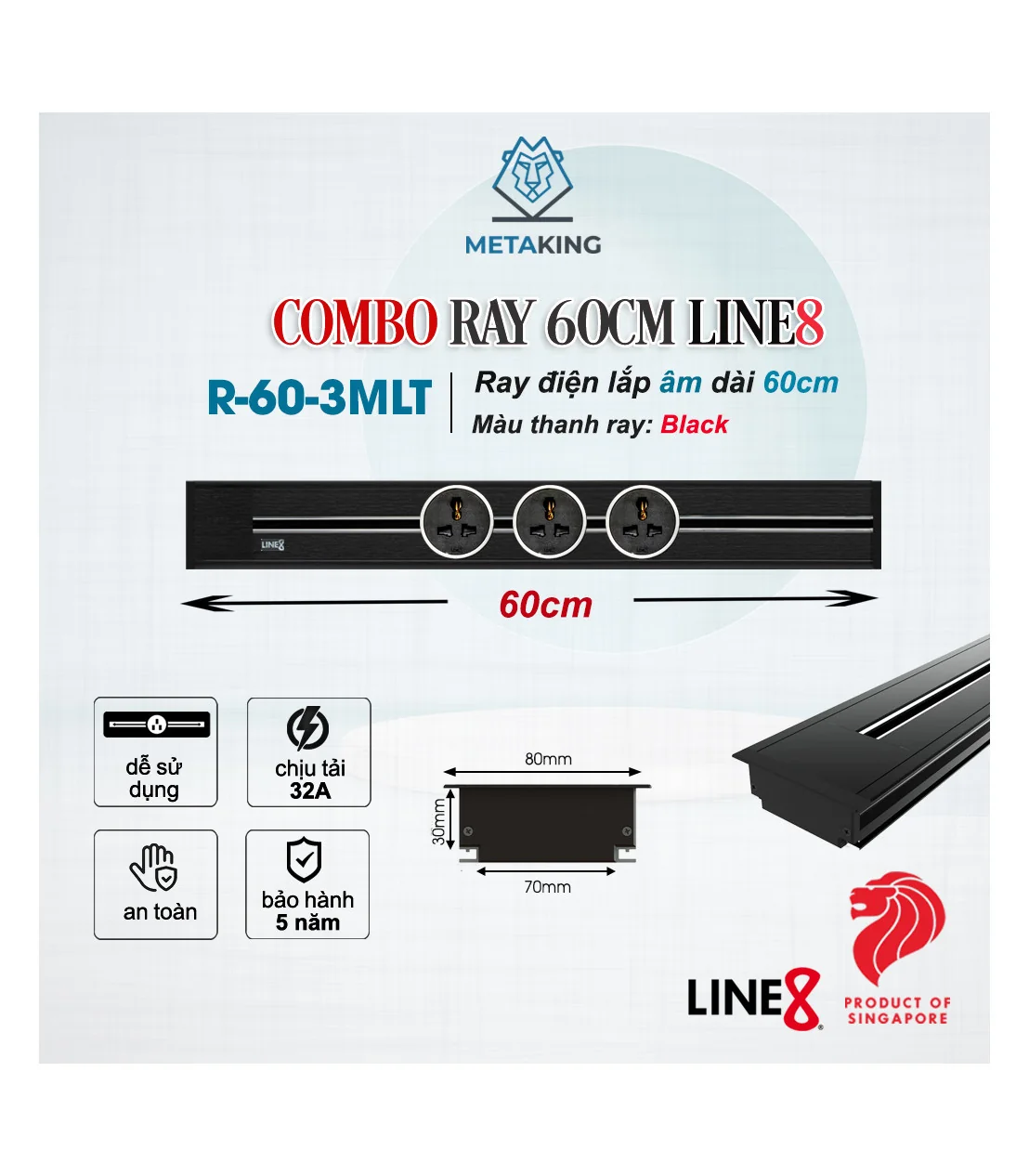 COMBO [ Ray Điện Line8 Lắp Âm Dài 60CM+ 3 Ổ cắm MLT-1] | ⓿ | METAKING