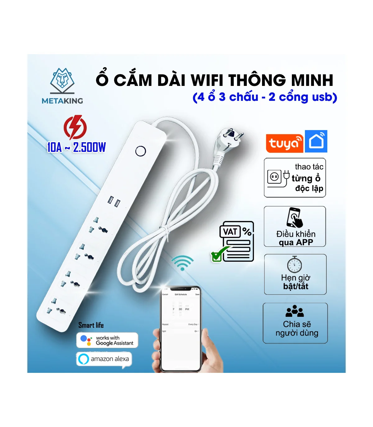 Ổ Cắm Dài Thông Minh Wifi TUYA 4 Ổ 3 Chấu & 2 cổng USB, điều khiển độc lập app Tuya Smart Life, Hẹn giờ Bật Tắt | ⓿❾❼❼❹❼❽❹❻❻ | METAKING
