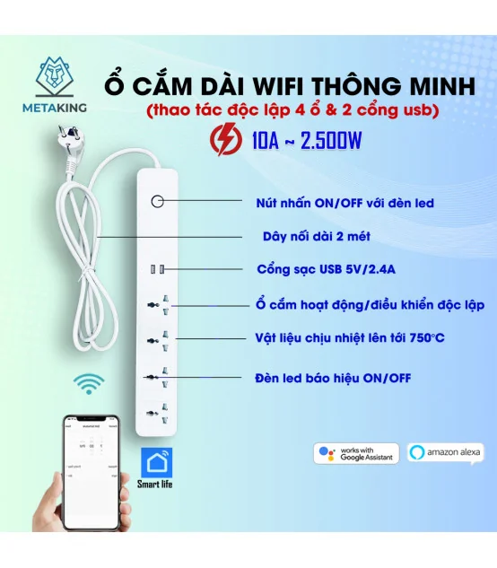 Ổ Cắm Dài Thông Minh Wifi TUYA 4 Ổ 3 Chấu & 2 cổng USB, điều khiển độc lập app Tuya Smart Life, Hẹn giờ Bật Tắt | ⓿❾❼❼❹❼❽❹❻❻ | METAKING
