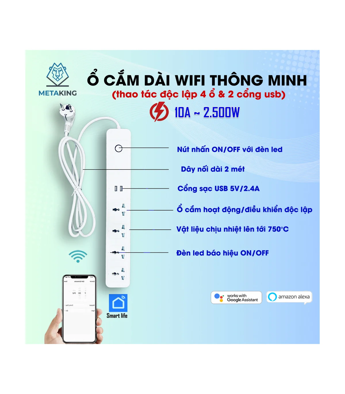 Ổ Cắm Dài Thông Minh Wifi TUYA 4 Ổ 3 Chấu & 2 cổng USB, điều khiển độc lập app Tuya Smart Life, Hẹn giờ Bật Tắt | ⓿❾❼❼❹❼❽❹❻❻ | METAKING