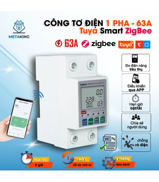 Công Tơ Điện Tuya Zigbee, Đồng Hồ Đo Điện 63A, Điều Khiển Từ Xa, Chống Rò Rỉ Điện | ⓿❾❼❼❹❼❽❹❻❻ | METAKING