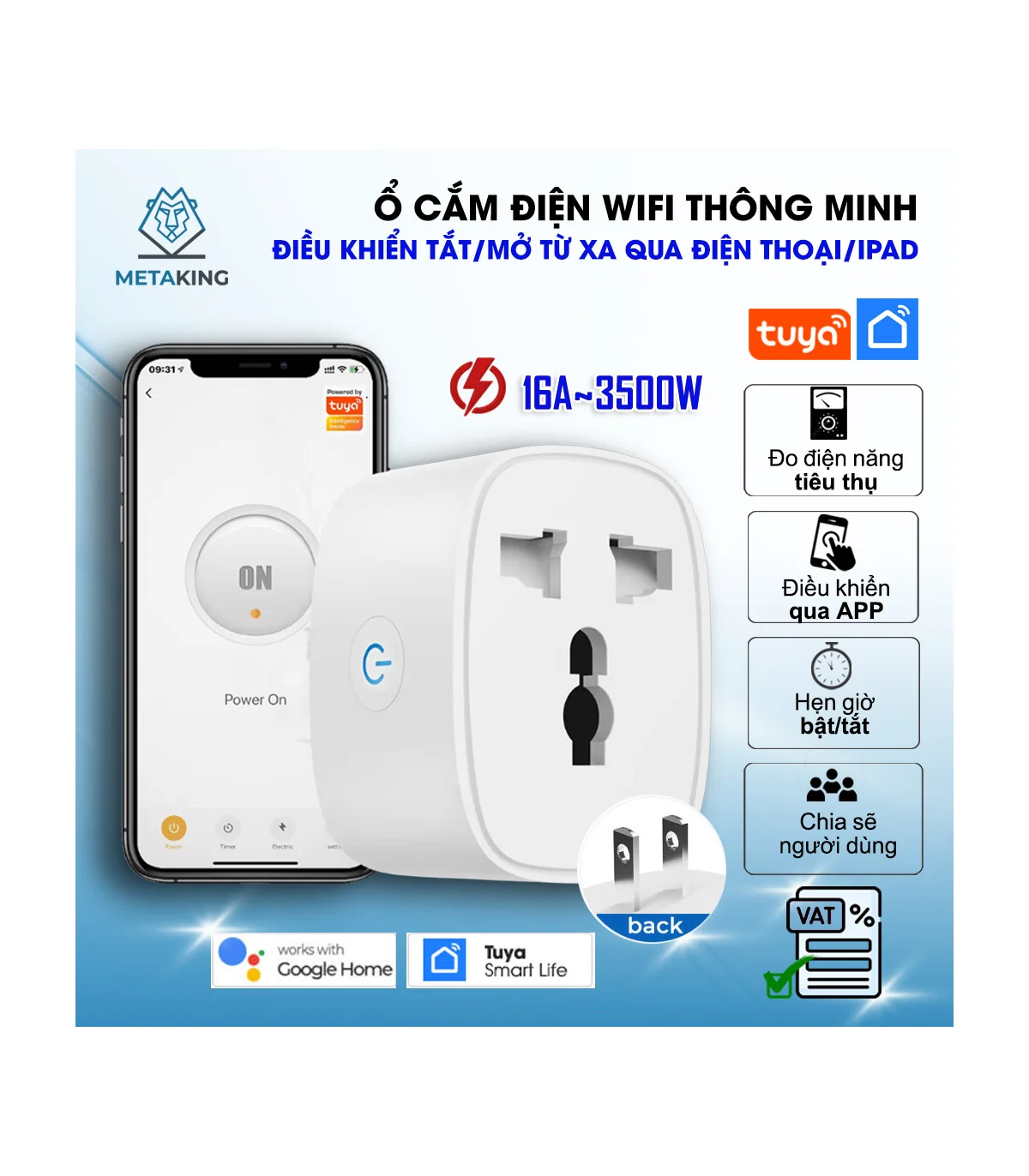 Ổ Cắm Điện Wifi 16A Tuya Thông Minh 2500W, Điều Khiển Từ Xa Qua App | ⓿❾❼❼❹❼❽❹❻❻ | METAKING