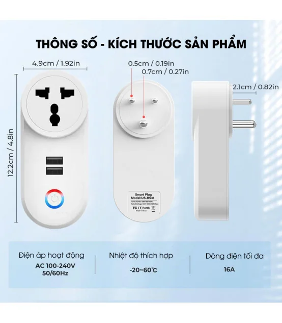 Ổ cắm điện Wifi / Sạc nhanh USB A Tuya 16A-3500W - Hẹn Giờ bật/tắt - Điều Khiển Từ Xa Qua Ứng Dụng SmartLife | ⓿❾❼❼❹❼❽❹❻❻ | METAKING