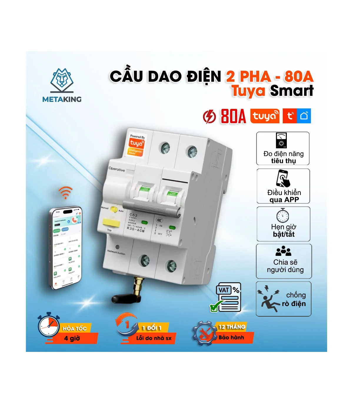 Aptomat Wifi, Cầu Dao Tổng Điều Khiển Qua Wifi, RS485 Tuya 80A, Đo Điện Năng, BH 12 tháng | ⓿❾❼❼❹❼❽❹❻❻ | METAKING