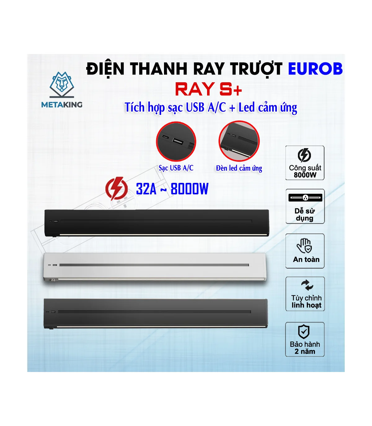 Thanh ray điện Eurob Slim-S + (USB-C & Đèn LED)| Lắp Nổi I BH 2 Năm | ⓿❾❼❼❹❼❽❹❻❻ | METAKING