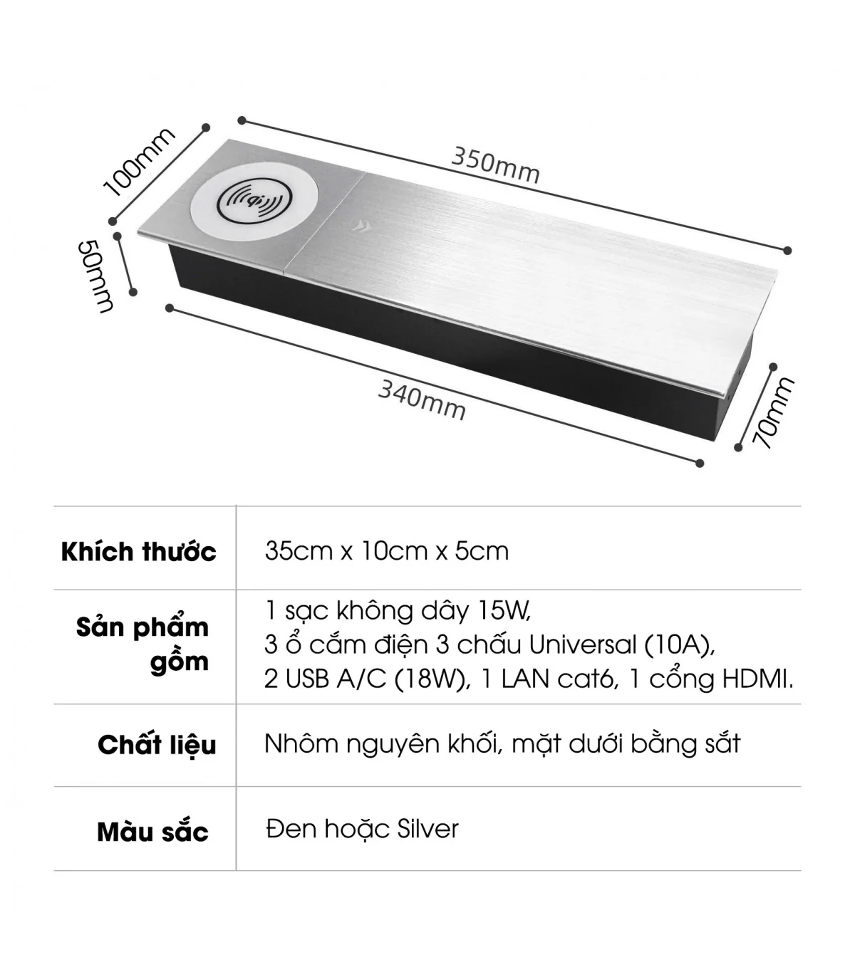 Ổ cắm điện âm bàn cao cấp MK102SB - Sạc ko dây 15W, 3 ổ cắm, 2 cổng sạc USC A/C, 1 Lan & 1 HDMI | ⓿❾❼❼❹❼❽❹❻❻ | METAKING
