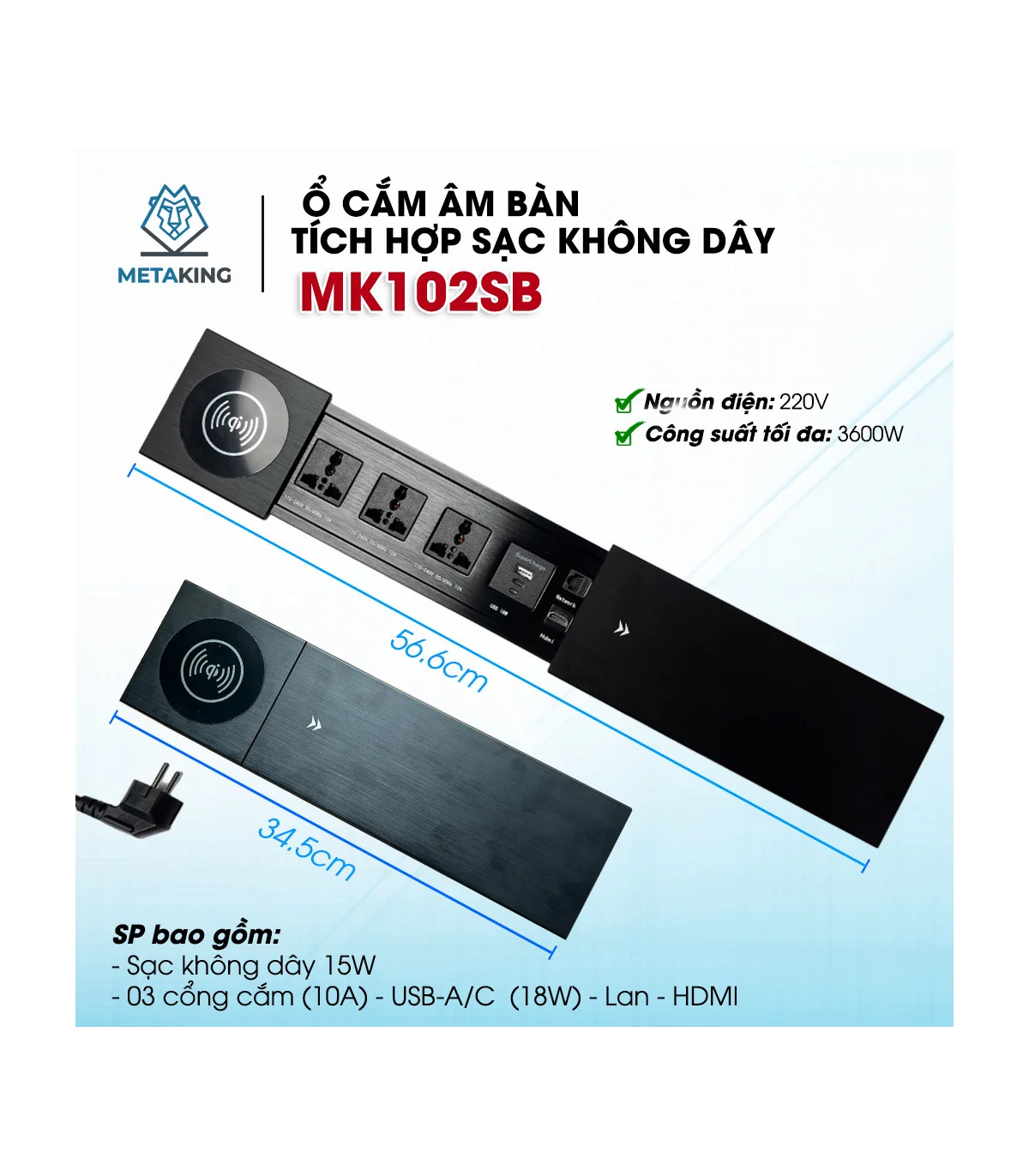 Ổ cắm điện âm bàn cao cấp MK102SB - Sạc ko dây 15W, 3 ổ cắm, 2 cổng sạc USC A/C, 1 Lan & 1 HDMI | ⓿❾❼❼❹❼❽❹❻❻ | METAKING