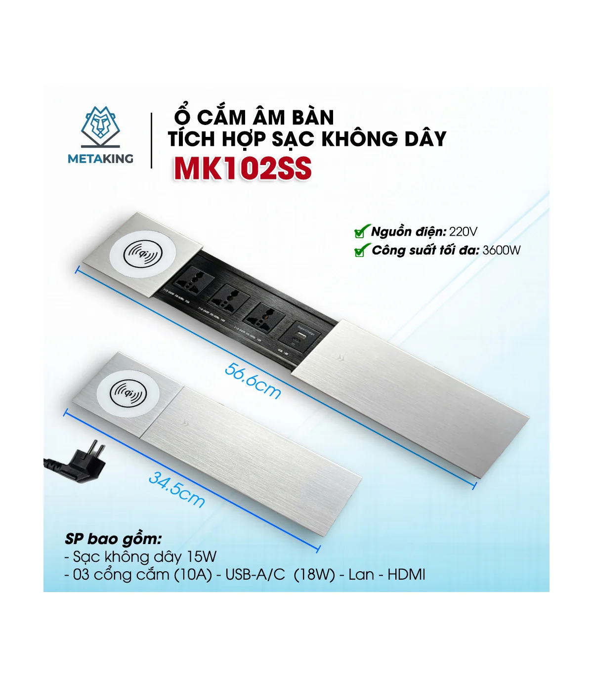 Ổ cắm điện âm bàn cao cấp MK102SS - Sạc ko dây 15W, 3 ổ cắm, 2 cổng sạc USC A/C, 1 Lan & 1 HDMI | ⓿❾❼❼❹❼❽❹❻❻ | METAKING