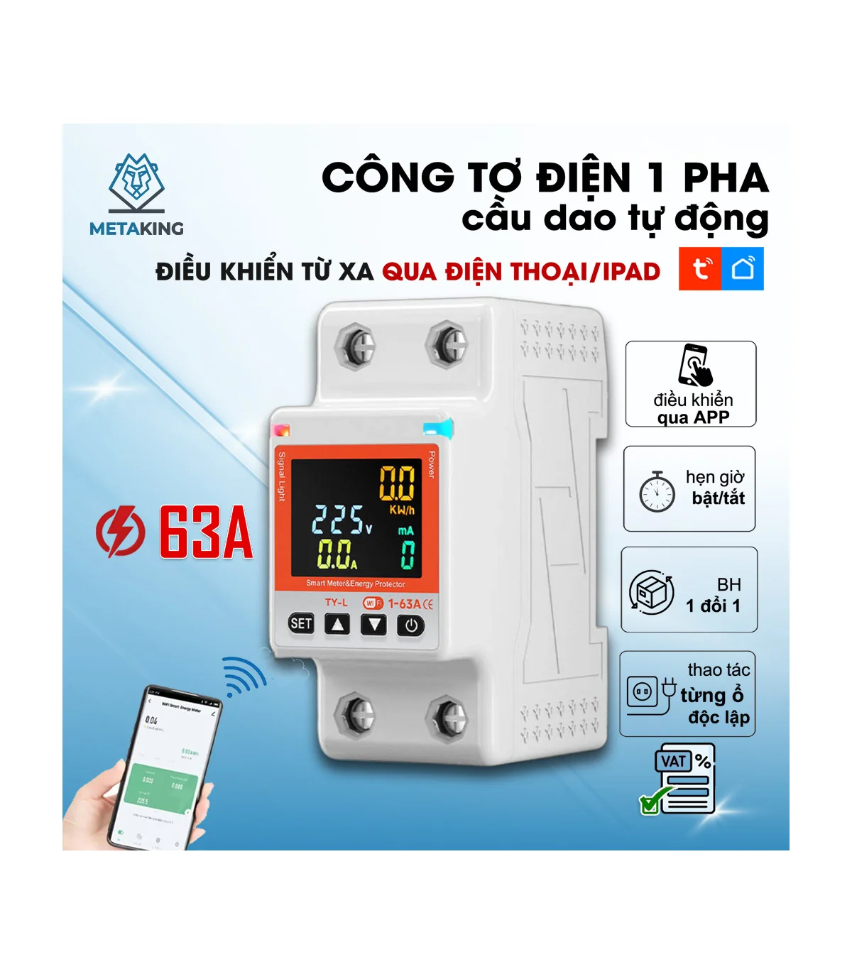 Công Tơ Điện Tử Thông Minh Wifi [ TUYA ], Chóng Rò Rỉ Điện, Đồng Hồ Đo Điện 63A, Điều Khiển Từ Xa | ⓿❾❼❼❹❼❽❹❻❻ | METAKING