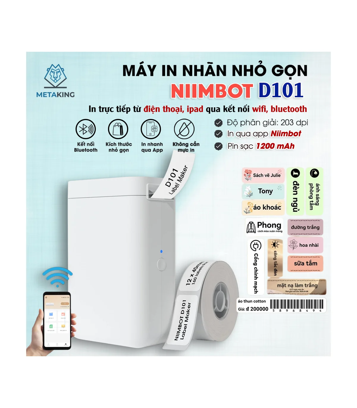 Máy in nhãn nhiệt Bluetooth NIIMBOT D101 | ⓿❾❼❼❹❼❽❹❻❻ | METAKING