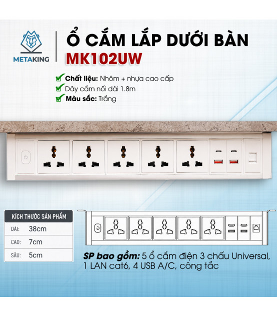 Ổ Cắm Điện Lắp Dưới Bàn (hoặc trên tường) Cao Cấp MK102UW | ⓿❾❼❼❹❼❽❹❻❻ | METAKING